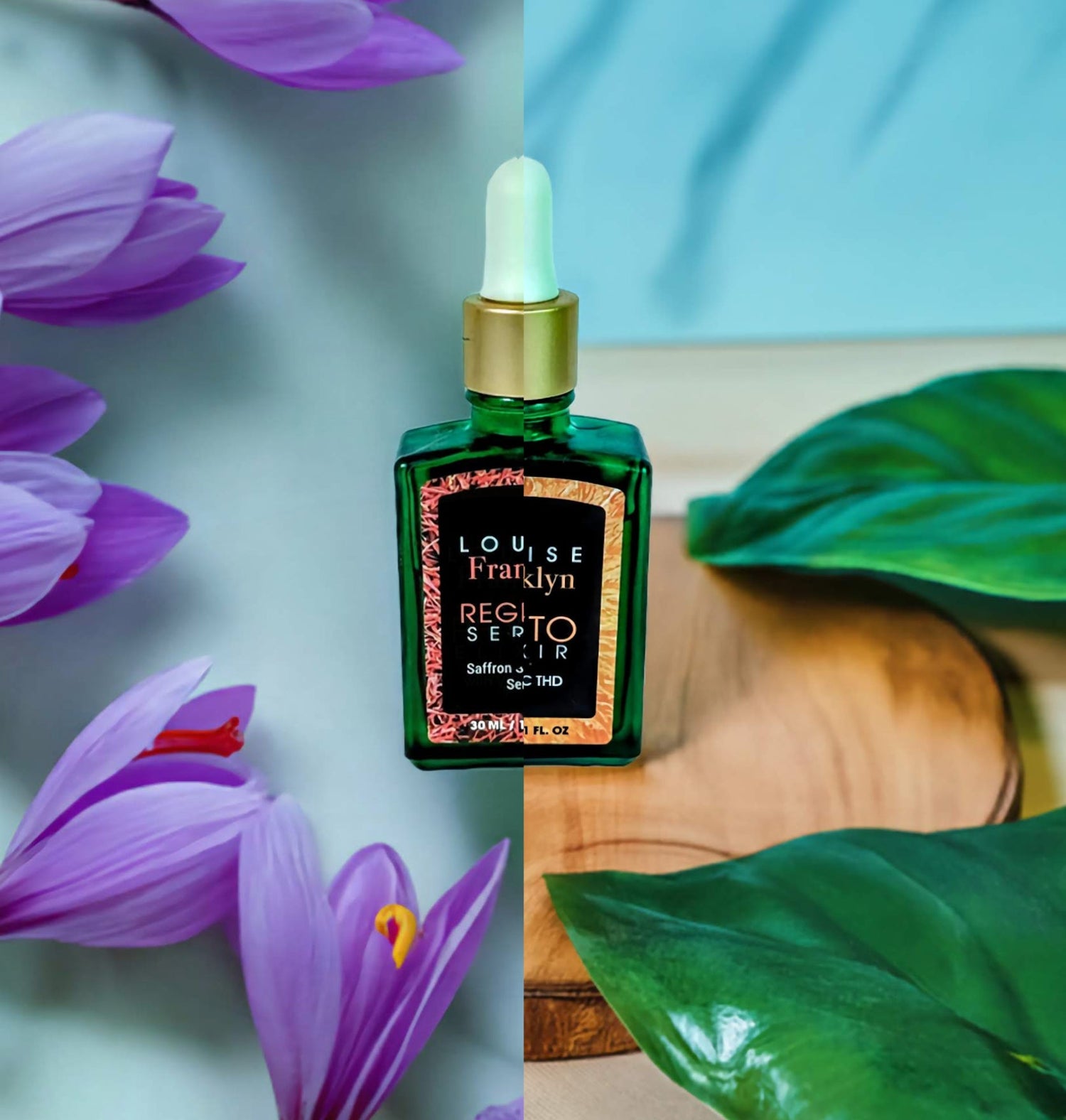 Half and Half picture of two different droppers of premium skincare from Louise Franklyn.