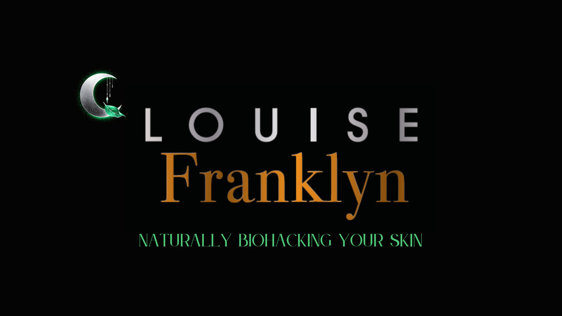 A logo of Louise Franklyn. Text says Louise Franklyn, Naturally Biohacking your skin. on the left side you can see the growing silver moon with its emerald leaf. This is the full Logo of Louise Franklyn.